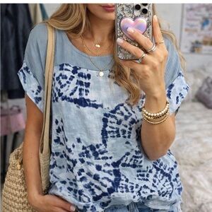 Bellambra Made in Italy Blue Tie-Dye Linen Top Size Small